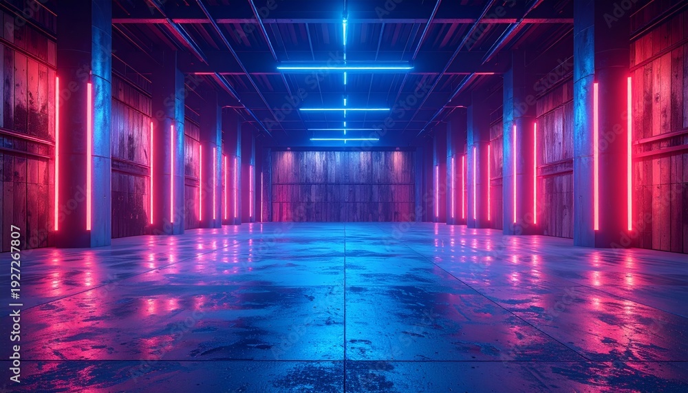Obraz premium Futuristic Neon Lit Empty Warehouse Interior with Blue and Pink Lights.