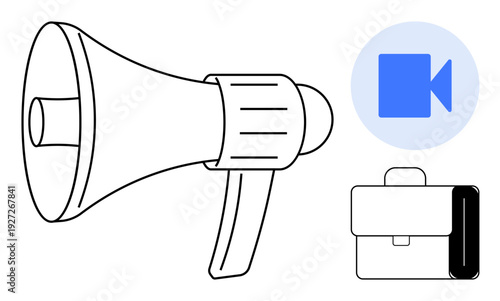 Digital marketing, remote work, business communication, content creation, workplace organization, public announcements. Line art megaphone, video icon and briefcase. Marketing and communication