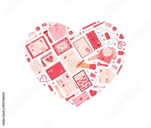 Heart mail, letter, love, envelope, postcard, card in flat doodle concept. Message, card and envelope form valentine letter idea. Romantic correspondence, cute style concept for happy celebration.