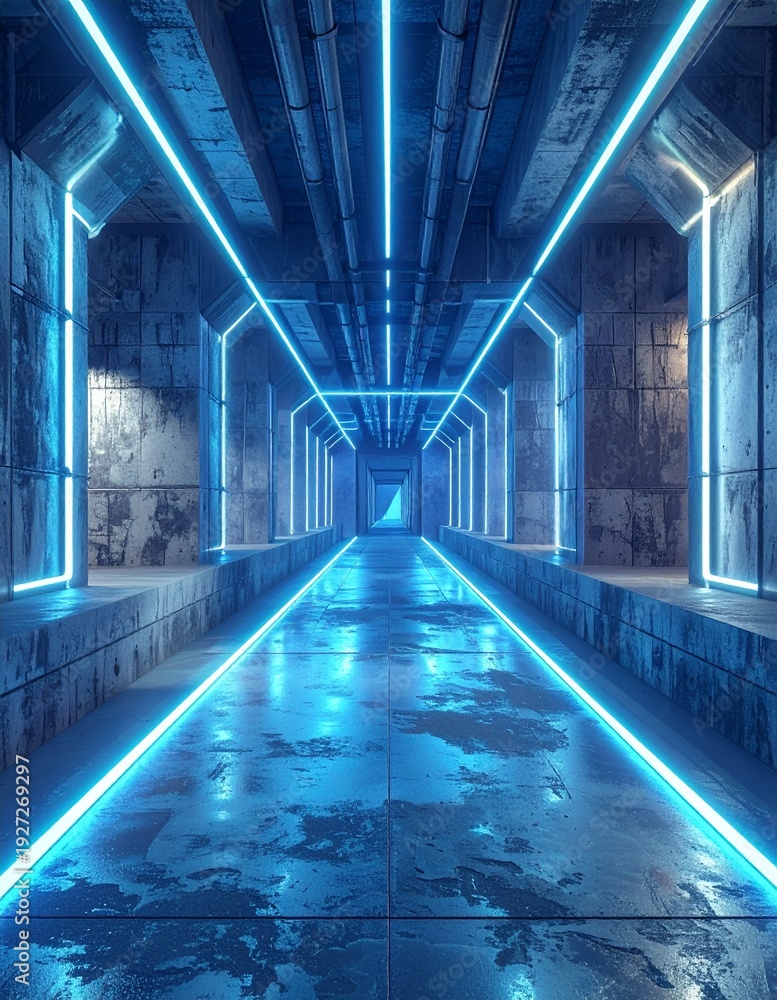 Fototapeta premium Futuristic Sci-Fi Tunnel with Neon Blue Lights and Wet Floor.