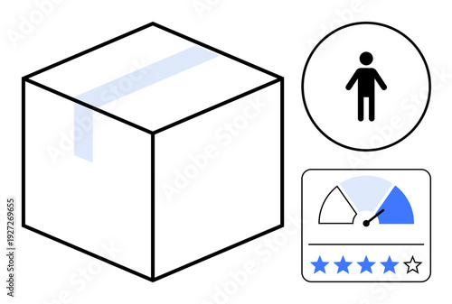 Package delivery concept. Package delivery includes a box, customer icon, and feedback system. Package delivery tracking, performance, and ratings for e-commerce, logistics, or customer services