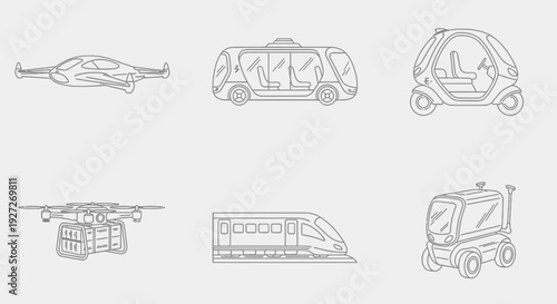 Electric vehicle fleet modern transportation solutions illustrated in line art