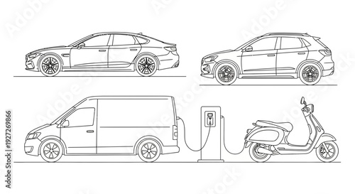 Electric vehicle line drawings sedan suv van and scooter with charging station