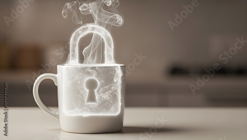 Cloud security lock concept emerging from white coffee cup on minimal background
