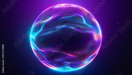 abstract 3d sphere of purple and blue neon gradient particle waves artificial intelligence concept virtual assistant future technology innovations vibrant energy sphere glowing 3d orb