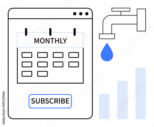 Subscription concept. Subscription-based model with calendar interface and water usage symbol. Subscription services managing resources and analytics. For SaaS, resource tracking, business