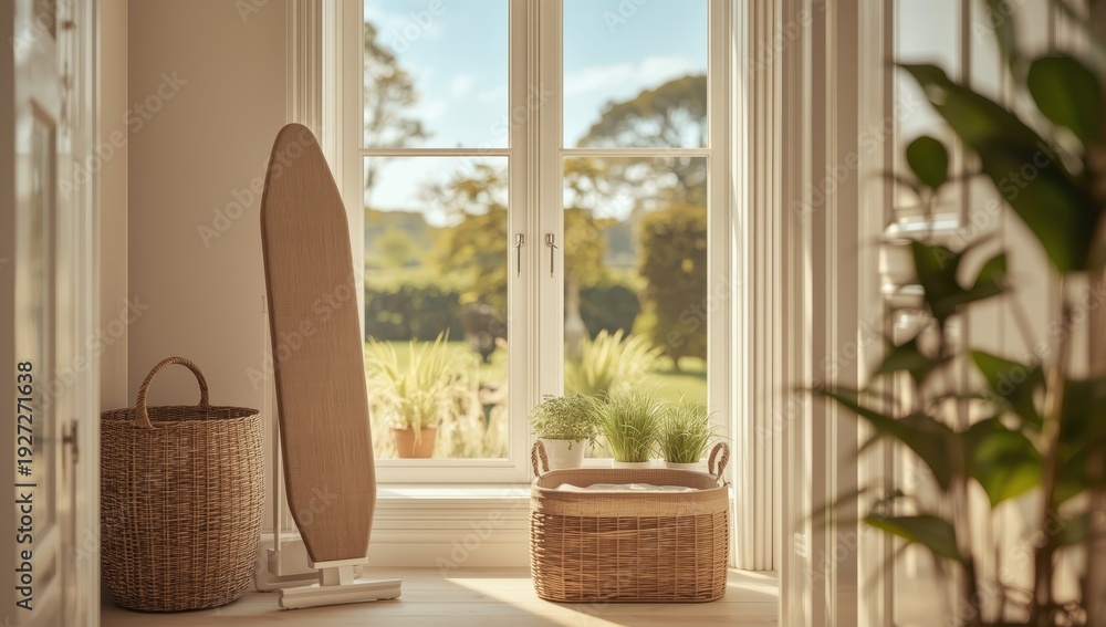 Fototapeta premium Room containing an ironing board and a laundry basket