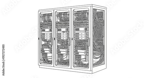 Outline illustration of server racks with intricate network cabling. IT infrastructure, data center, telecommunications technology.