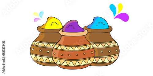 Three decorated clay pots filled with colorful gulal for Holi festival celebration.