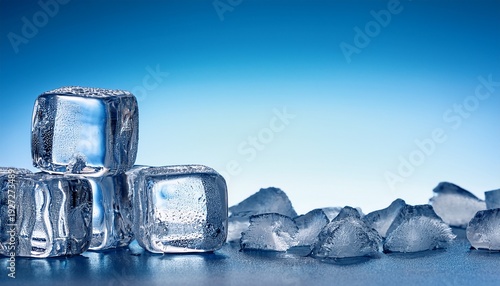 scattered ice cubes on gradient blue background with crushed ice on right