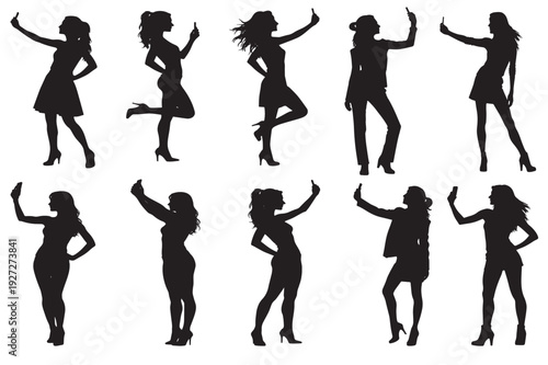 Silhouettes of Women Taking Selfies - Vector Stock Illustration