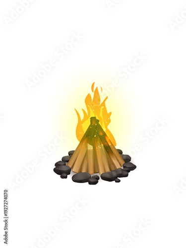 Stylized cartoon campfire with burning logs and a stone circle.