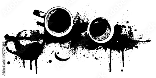 Dark coffee cups spilled ink grunge design