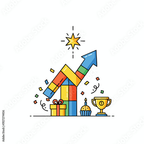 Creative Growth and Success Concept with Rising Graph and Celebration Elements