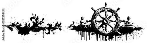 Nautical ship wheel grunge floral decorative vector art