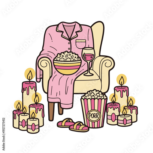 A charming color illustration of a cozy night in, featuring pink heart-patterned pajamas, a glass of red wine, a striped bucket of popcorn, and two glowing scented candles in glass jars.
