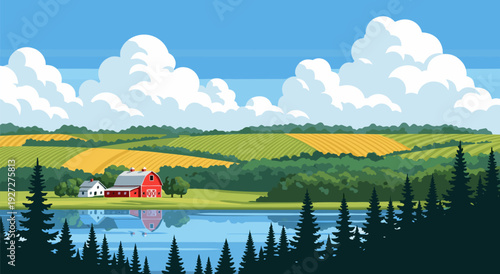 Charming rural landscape vector illustration featuring a serene lake, farm, and rolling fields under a cloudy sky