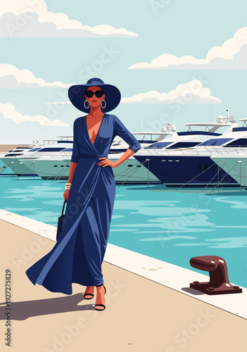 Quadro su tela Elegant vector illustration of a woman in a blue dress and hat posing by a yacht