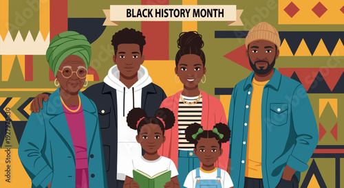 A vibrant vector illustration celebrating Black family heritage and unity during Black History Month, rich in cultural elements