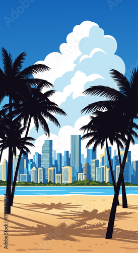 Vibrant vector illustration of a tropical beach scene with palm trees and a city skyline under a blue sky