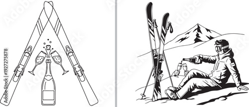 Minimalist line art featuring a champagne bottle with toasting glasses framed by skis, and a black-and-white scene of a skier relaxing on a snowy slope pouring a drink with mountains behind.