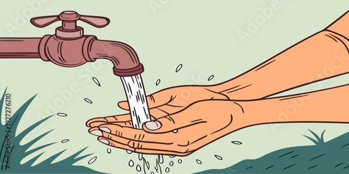 Clean hands under running faucet water vector illustration. Hygiene, sanitation and health concept ideal for public awareness campaigns, posters, healthcare design and educational materials.