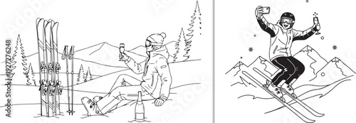Black and white line art featuring two scenes: a skier relaxing on a snowy slope with a glass and bottle, and a skier mid-air performing a jump while taking a selfie and holding a drink.