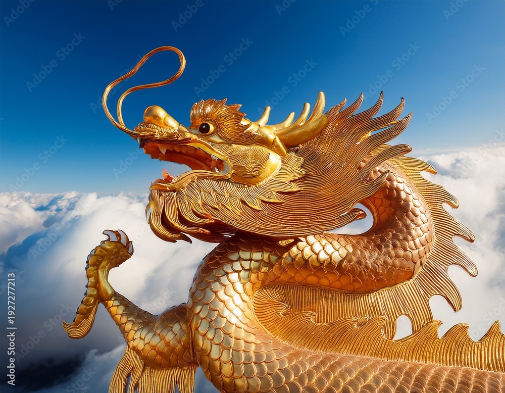 Fototapeta premium amber golden chinese dragon soaring in clouds