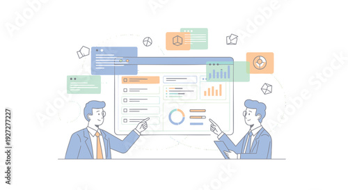 Business data analysis icon set. Includes charts, graphs, statistics, and reporting symbols. Created in line style with blue, orange, and green palette.