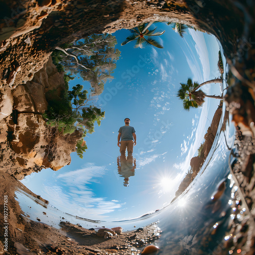 Surreal 360 degree panoramic view of a man standing on a reflective water surface under a bright blue sky with palm trees