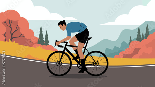 A man in athletic wear is cycling on a road through a scenic autumn landscape