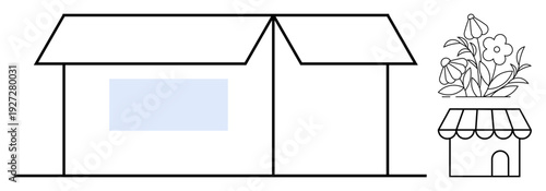 Small business, gardening, retail services, floriculture, architecture, shopkeeping. Minimal outline of a building and a small shop with flowers. Small business and gardening concept