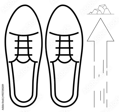 Career growth, personal development, challenges, progress, determination, achievement. Outline of shoes with arrow and cracks. Career growth and personal development concept