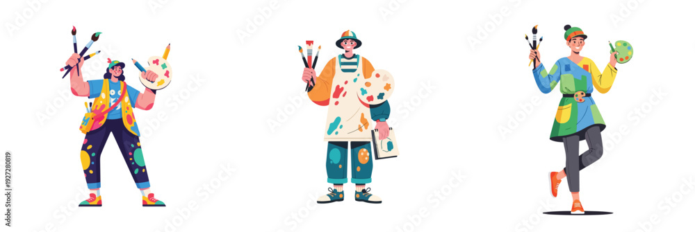 Fototapeta premium set of artist full body character wearing creative attire and holding art tools, clean modern flat design style, digital art illustration, vibrant colors, isolated on white background, minimal shading