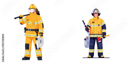 set of firefighter full body character wearing distinctive protective uniform and holding firefighting equipment, clean modern flat design style, digital art illustration, vibrant colors