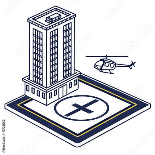 A helicopter landing on a rooftop helipad of a skyscraper