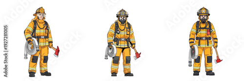 set of firefighter full body character wearing distinctive protective uniform and holding firefighting equipment, clean modern flat design style, digital art illustration, vibrant colors