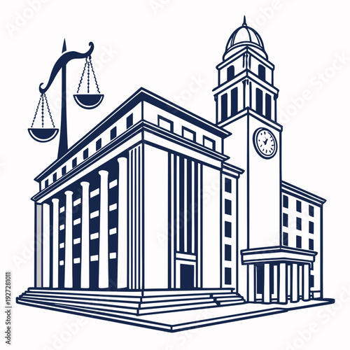 A blue and white drawing of a courthouse with a clock tower and scales