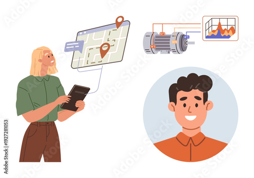 Navigation systems, data visualization, user interface, engineering, location tracking, online profiles. Woman with tablet and map, person portrait analytics chart. Navigation systems and data