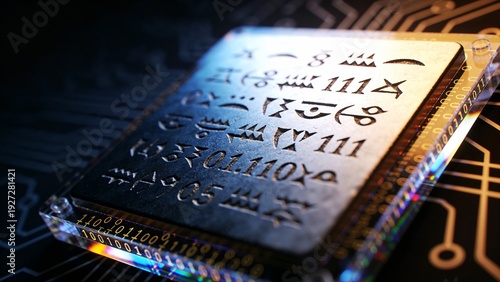Photorealistic Macro Shot of Microchip Etched with Ancient Text and Modern Code Symbolizing Deep Learning History