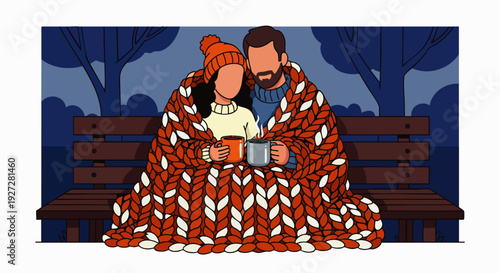 Cozy couple sharing a warm knitted blanket on a park bench during a chilly evening, enjoying hot drinks together, romantic winter scene illustration.