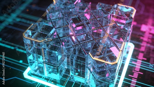 Ultra-Detailed Photorealistic Macro Shot of Crystalline Artificial Intelligence Data Structure with Cyan and Magenta Illumination