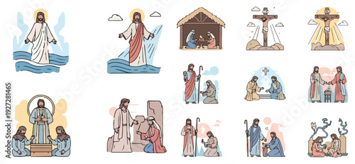 Minimalist flat vector biblical scenes, pastel colors, simple shapes, white background, multiple small scenes in rows (Jesus walking on water, nativity, crucifixion, resurrection, David and Goliath, A