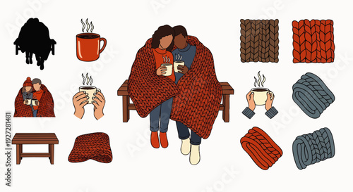 Cozy couple wrapped in a warm knitted blanket, enjoying hot drinks together on a bench. Winter comfort, love, and relaxation vector illustration set.