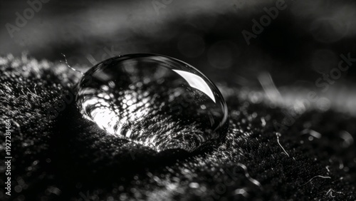 Extreme Macro Detail of a Single Water Droplet on Black Velvet with Harsh Side Spotlight and Dramatic Specular Highlights
