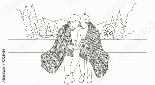 Cozy couple wrapped in a knitted blanket, enjoying hot drinks outdoors in a winter landscape with mountains and pine trees. Romantic togetherness and warmth.