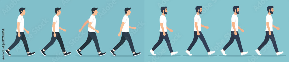 Fototapeta premium A flat vector illustration showing a side view of a man walking in a full walk cycle sequence. Minimalist flat design, clean lines, simple shapes, soft shadow