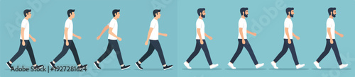 A flat vector illustration showing a side view of a man walking in a full walk cycle sequence. Minimalist flat design, clean lines, simple shapes, soft shadow