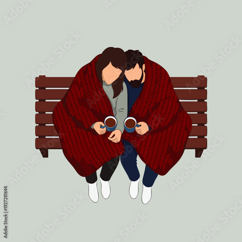 Cozy couple wrapped in a warm red knitted blanket, sitting on a park bench and enjoying hot drinks on a chilly autumn day. Vector illustration.