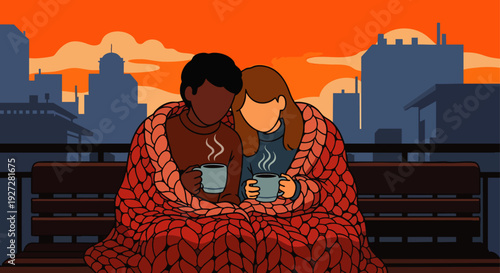 Romantic diverse couple sharing a warm knitted blanket and hot beverages on a city rooftop at sunset, symbolizing comfort, love, and intimacy.